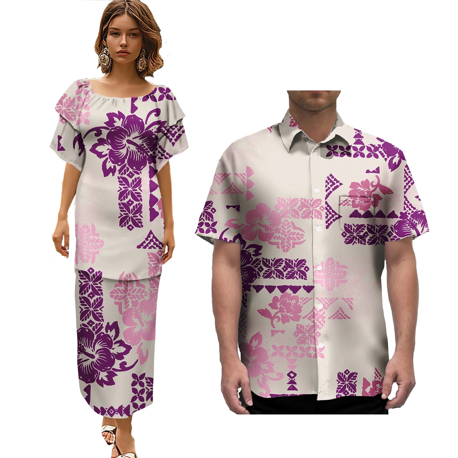 Pacific Island Wedding Party Couple Sets Polynesian Tribal Fijian Print Couple Matching Clothes Women Dress Men Aloha Shirts