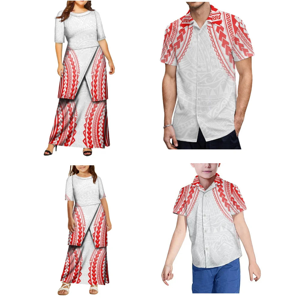 New Design Women And Girls' Round-Neck Puletasi Two-Piece Dress Set Polynesian Island Design Men'S Aloha Shirt Family Set