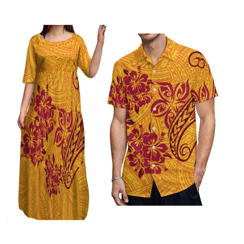 Island-Style Couple Set Elegant Women'S Crew-Neck Tiered Dress Full Skirt With Men'S Aloha Shirt Polynesian Island Design