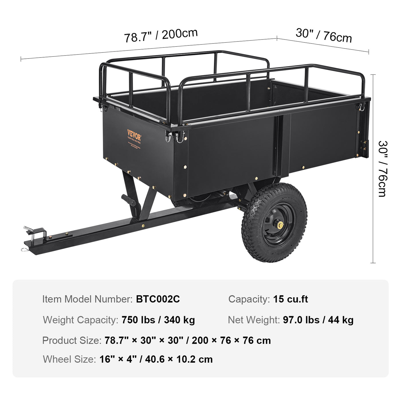 VEVOR Heavy Duty ATV Trailer Steel Dump Cart, 750-Pound 15 Cubic Feet, Garden Utility Trailer With Removable Sides For Riding Lawn Mower Tractor