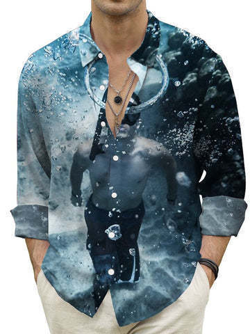 Men's Fashion Casual Digital Printing Beach Hawaii Vacation Long Sleeve Shirt