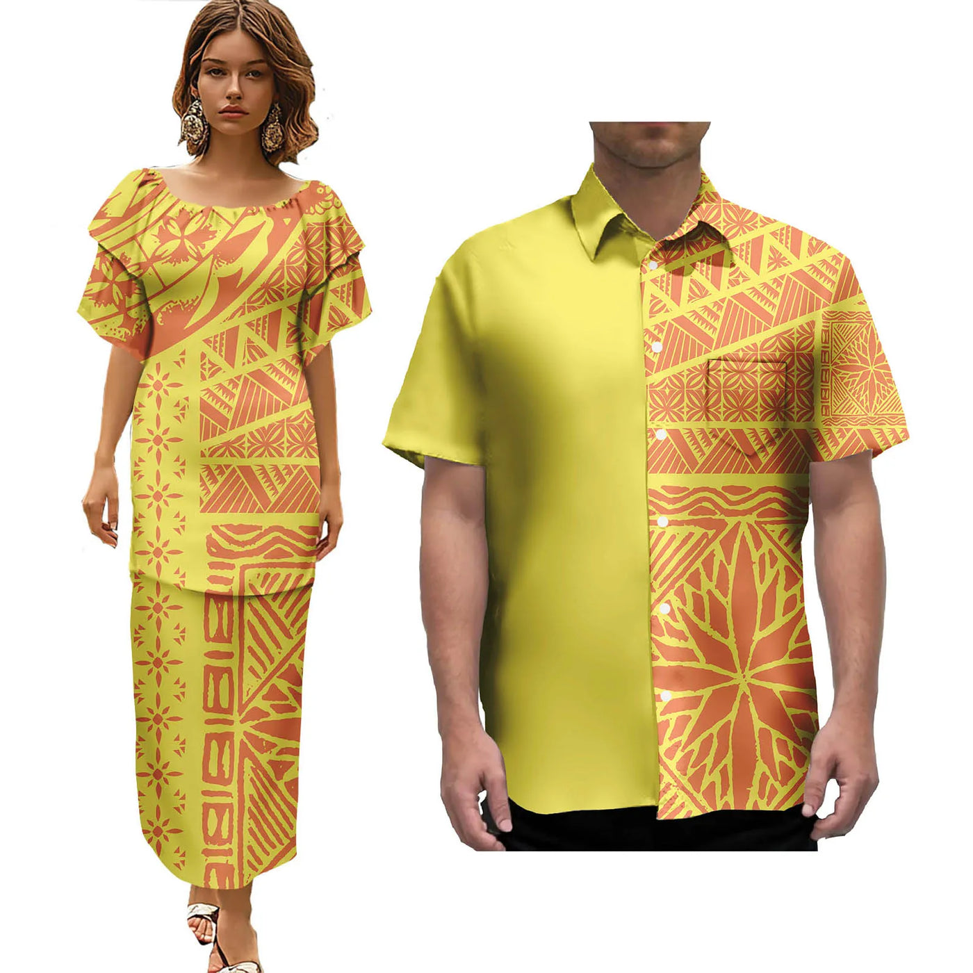 Hot Selling Pacific Island Art Trendy Lady Puletasi Dresses and Men Aloha Shirt Polynesian Tribal Couple Suit