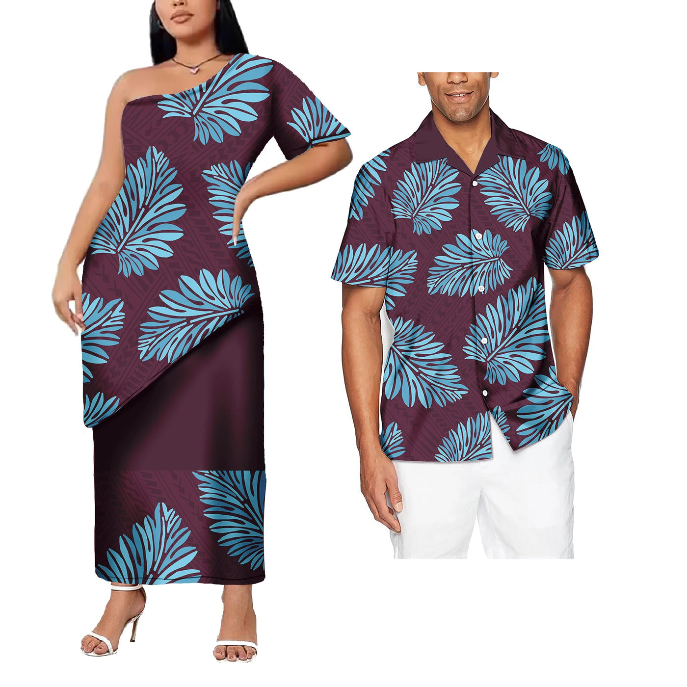 Plus Size Custom Couple Of Set Puletasi Samoa 2Pcs Dress And Hawaii Men's Aloha Shirts Polynesian Island His And Hers Clothes