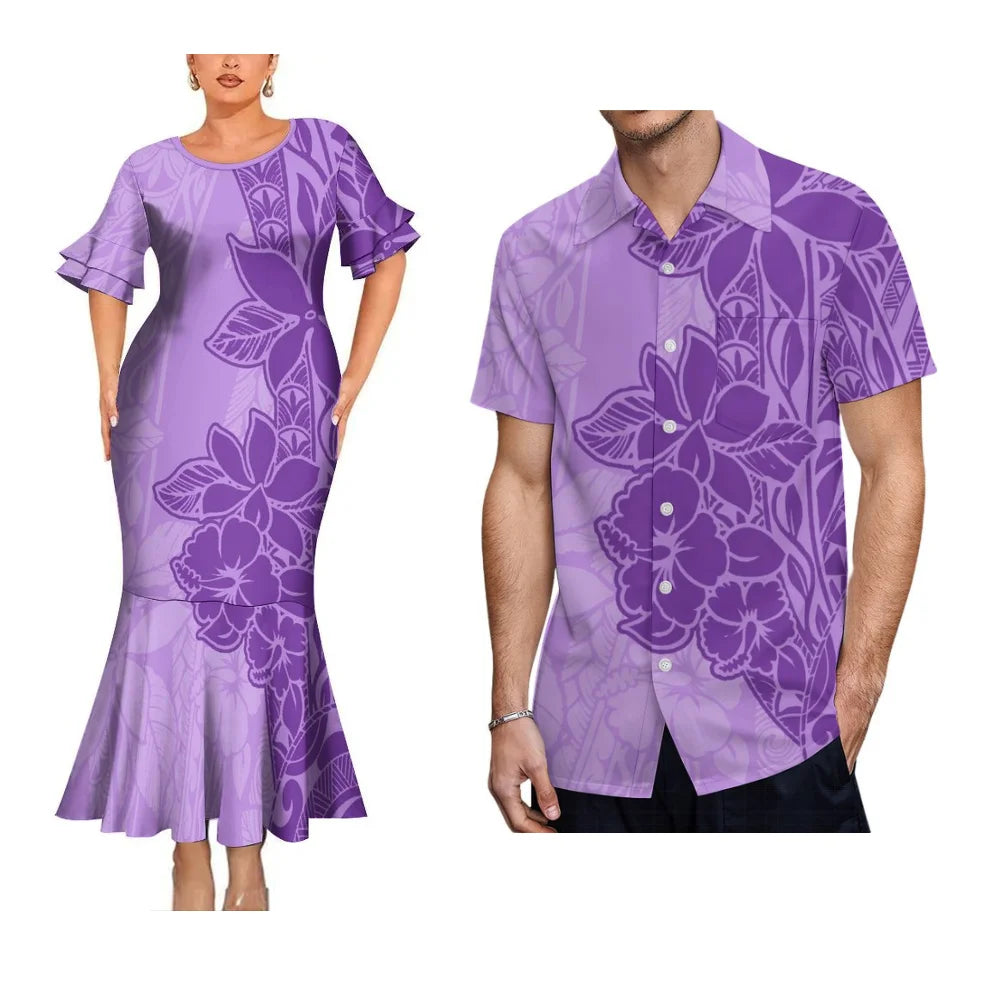 Island Style Couple Set Samoan Art Design Women'S Crew-Neck Fishtail Dress And Pacific Island Art Print Men'S Aloha Shirt