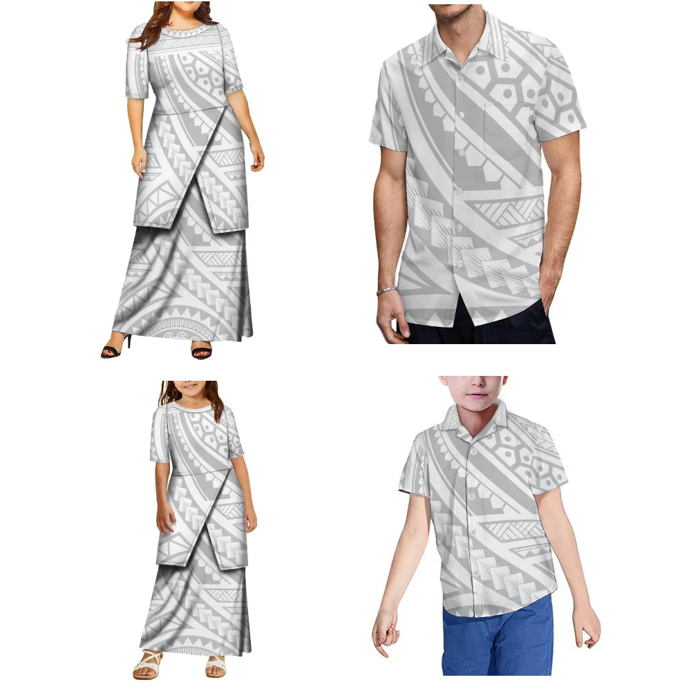 Summer Women And Girls' Round-Neck Puletasi Dress Polynesian Island Samoan Design Beach Party Men'S Aloha Shirt Family Set