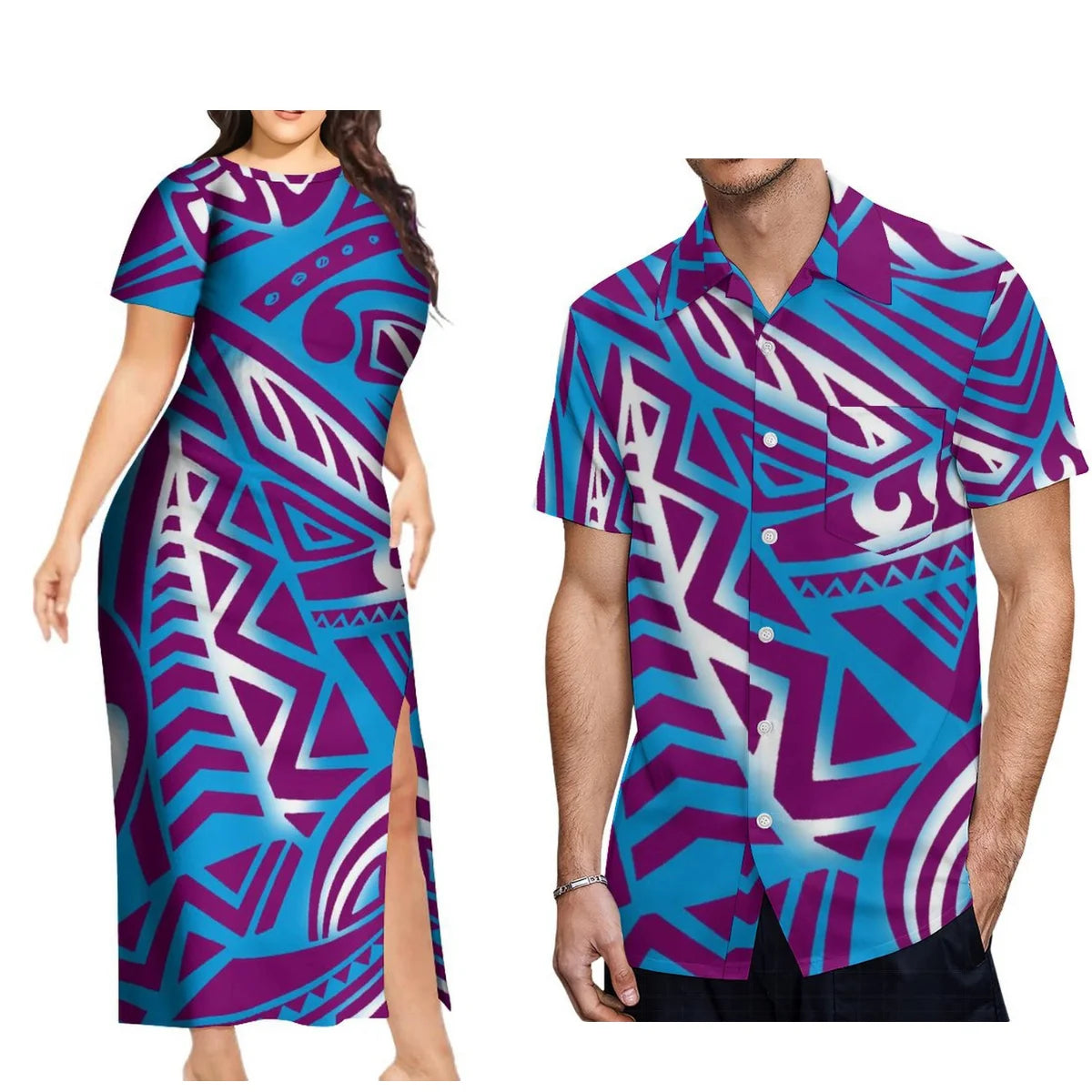 New Design Fashion Couple Set Aloha Shirt For Men And Slit Long Skirt For Women Quality Dress Polynesian Island