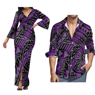 Custom Polynesian Island Style Samoa-Fiji Plus Size Couple Set Women'S Dress Beach Party Split Skirt And Men'S Aloha Shirt