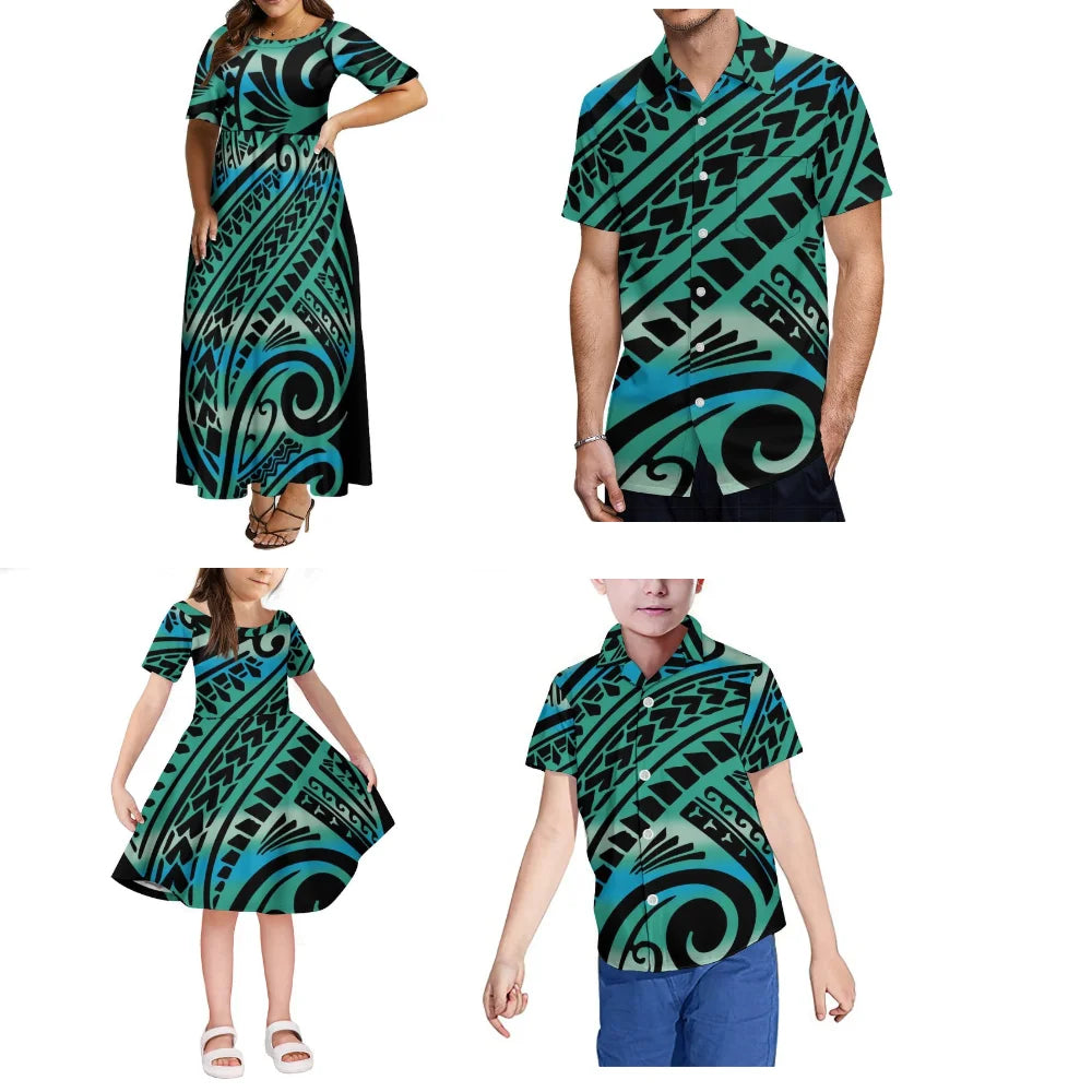 Polynesian Island Custom Family Set Women'S Round-Neck Short-Sleeved Summer High-Waisted Dress And Men'S Aloha Shirt