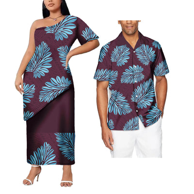 Plus Size Custom Couple Of Set Puletasi Samoa 2Pcs Dress And Hawaii Men's Aloha Shirts Polynesian Island His And Hers Clothes