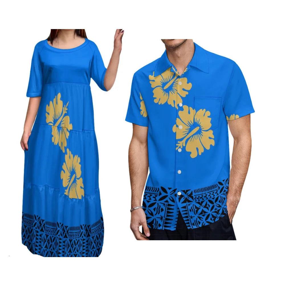 Island-Style Couple Set Elegant Women'S Crew-Neck Tiered Dress Full Skirt With Men'S Aloha Shirt Polynesian Island Design