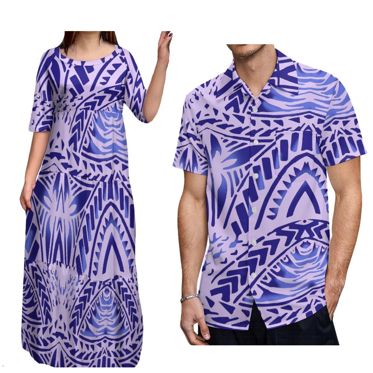 Island-Style Couple Set Elegant Women'S Crew-Neck Tiered Dress Full Skirt With Men'S Aloha Shirt Polynesian Island Design
