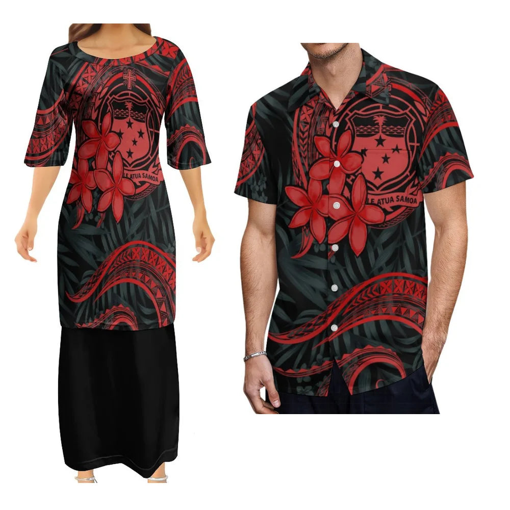 Fashion Island Couple Outfit Puletasi Set Hawaiian Floral Print Women'S Dress Polynesian Pop Samoa Logo Custom Men'S Aloha Shirt