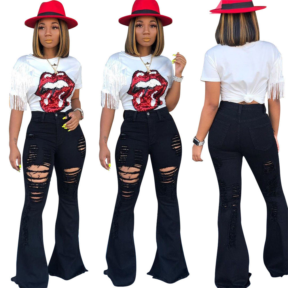 Ladies' Explosive Fashion Ripped Fringed Flared Pants