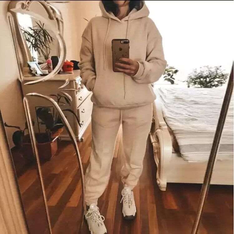 Two Piece Fall Winter Hooded And Fleece Sweater Pants Casual Ladies Sports Suit