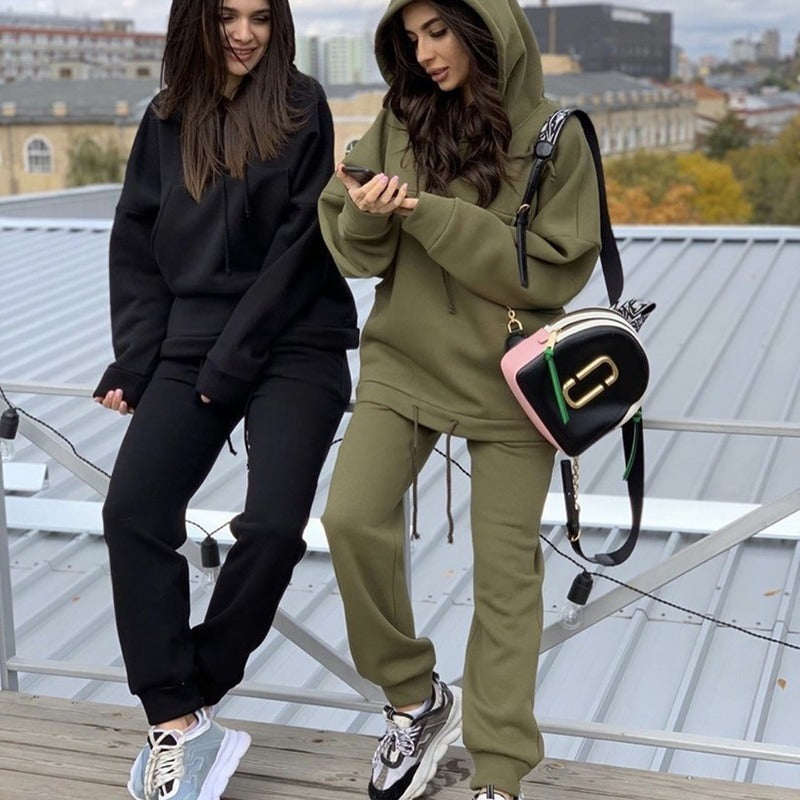 Two Piece Fall Winter Hooded And Fleece Sweater Pants Casual Ladies Sports Suit