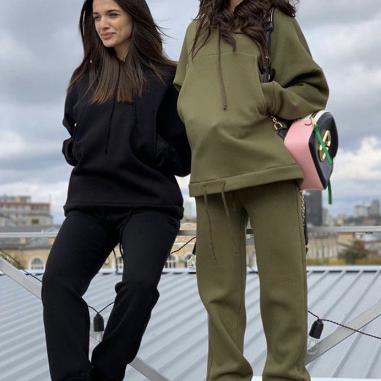 Two Piece Fall Winter Hooded And Fleece Sweater Pants Casual Ladies Sports Suit
