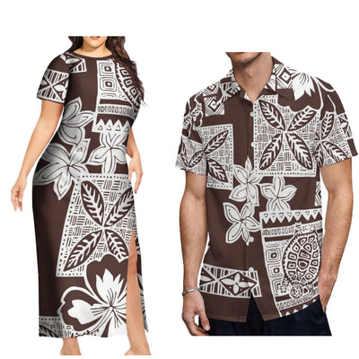 New Design Fashion Couple Set Aloha Shirt For Men And Slit Long Skirt For Women Quality Dress Polynesian Island