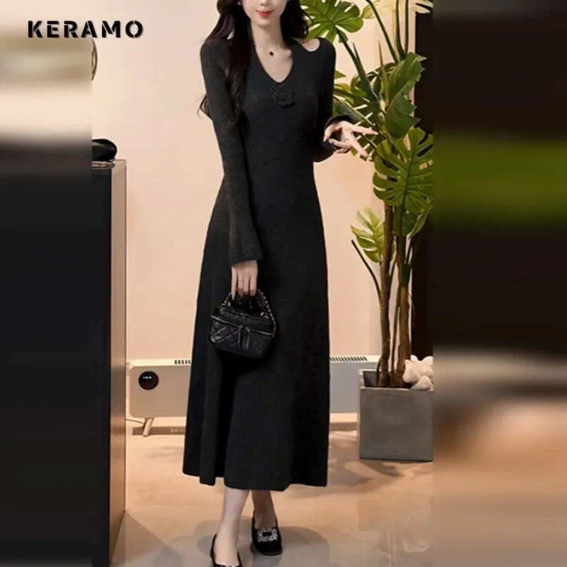 Women's Black Midi Dress - Budget-Friendly High Waist V-Neck Long Sleeve