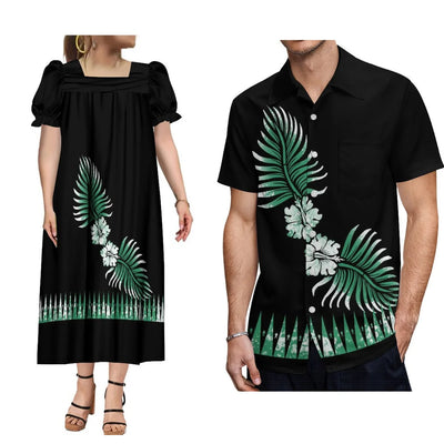 Polynesian Islands Hd Print Fashion Wear Mumu Women'S Square Neck Puffy Sleeve Dress With Summer Men'S Aloha Shirt