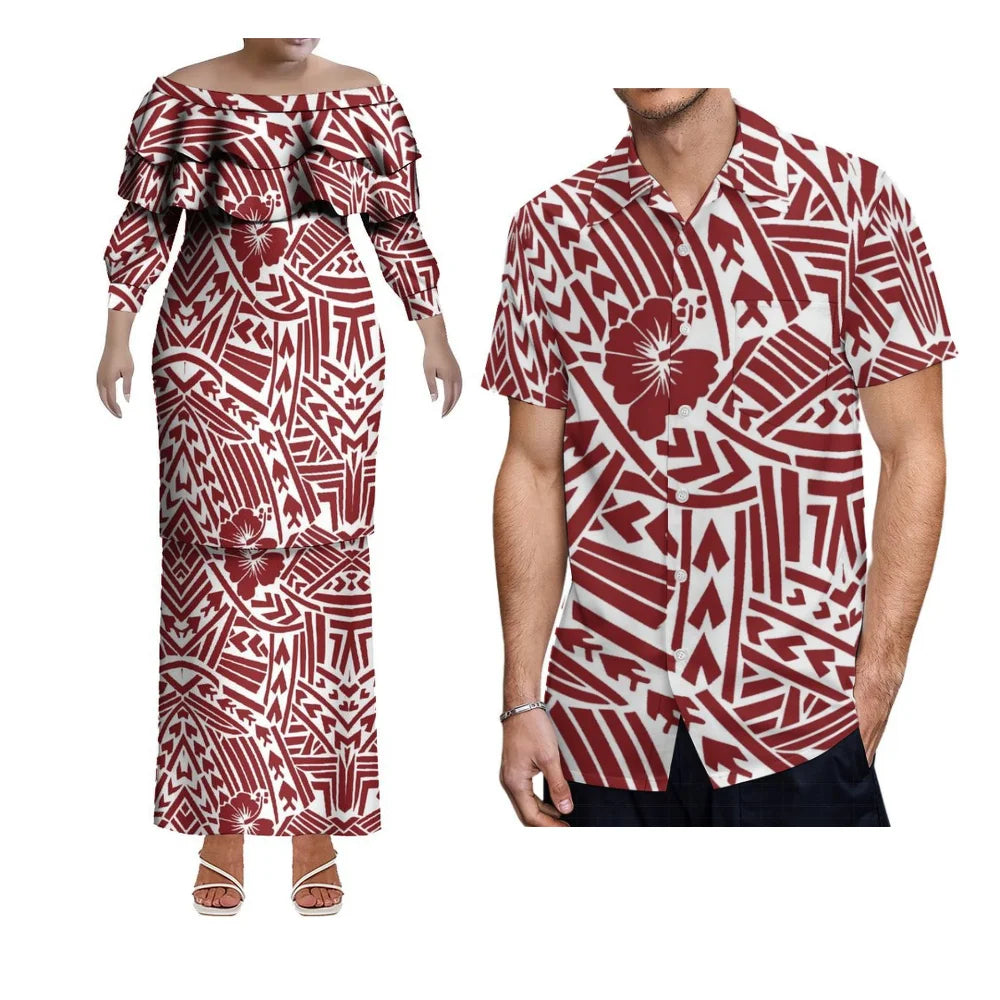 Custom-Made Puletasi One-Shoulder Dress For Polynesian Island Couple Sets And Aloha Shirt For Hawaiian Beach Party Men