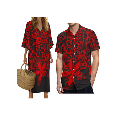 New Print on Demand Custom Polynesian Island Design V Neck Ladies Dress Matching Aloha Men Short Sleeve Shirts Couple Clothing