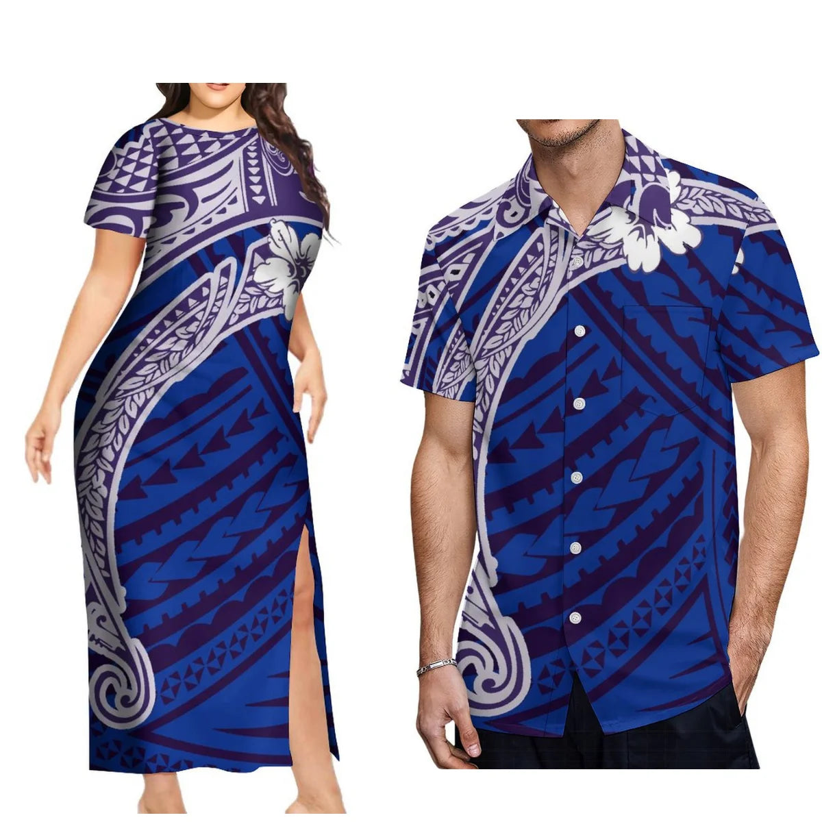 New Design Fashion Couple Set Aloha Shirt For Men And Slit Long Skirt For Women Quality Dress Polynesian Island