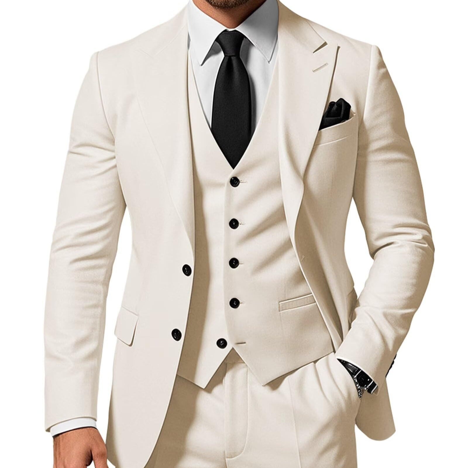 Men's Solid Color 2-piece Buckle Casual Jacket Vest Pants Set