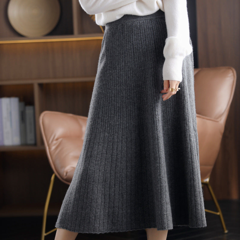 Wool Knitted Stretch Mid-length Cashmere Pleated Skirt