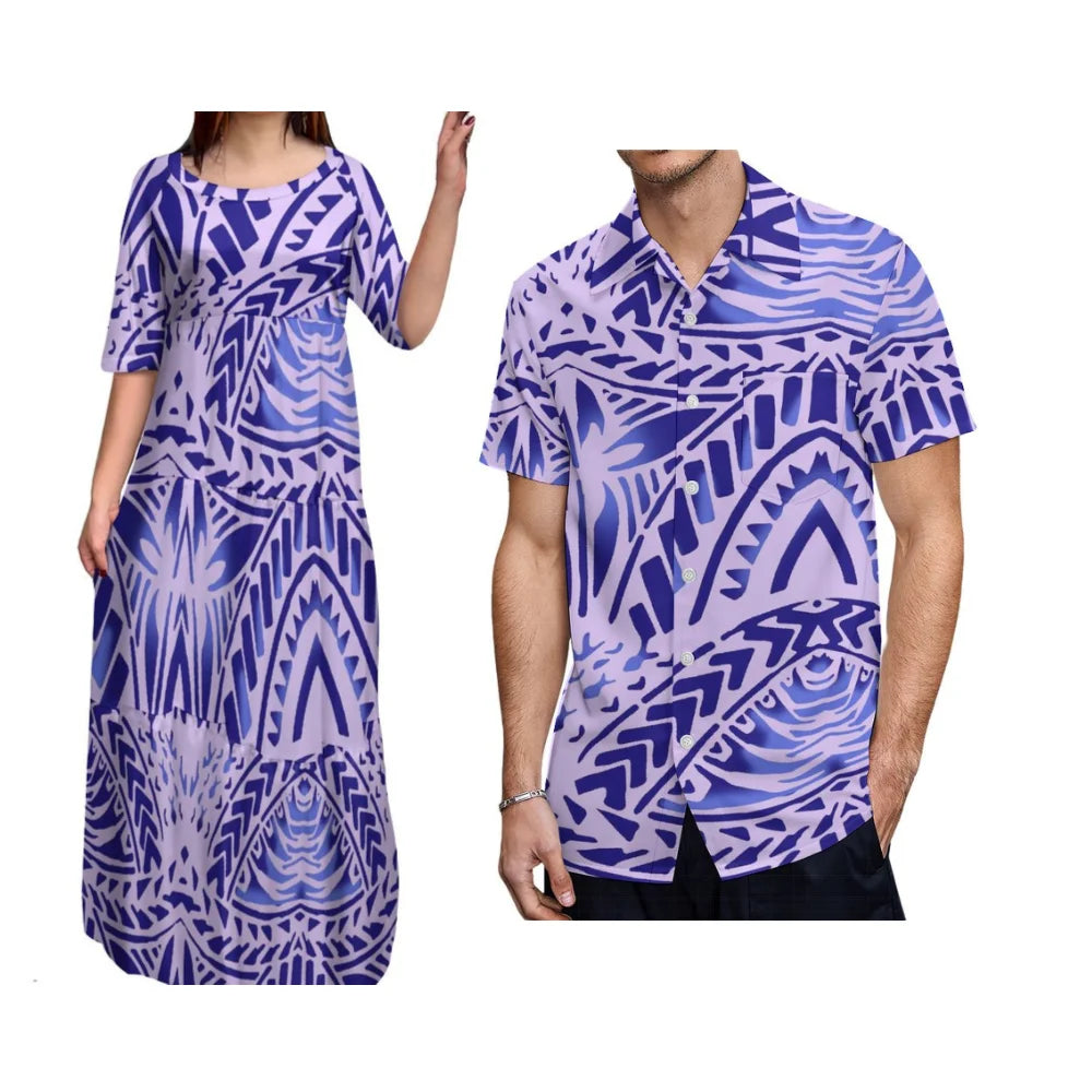 Island-Style Couple Set Elegant Women'S Crew-Neck Tiered Dress Full Skirt With Men'S Aloha Shirt Polynesian Island Design