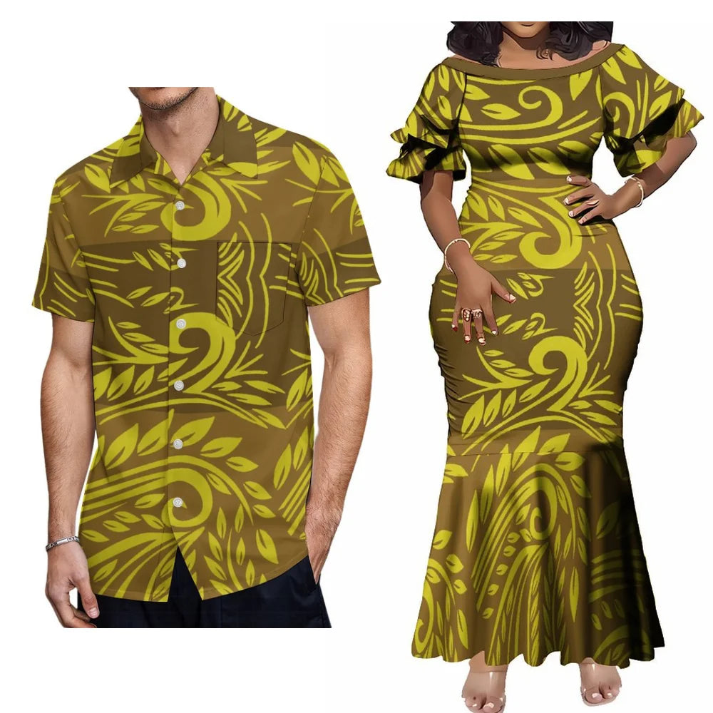 Hawaiian Floral Print Samoa Plus-Size Couple Set Pacific Island Sexy Slim-Fit Dress And Men'S Aloha Shirt Support Your Design
