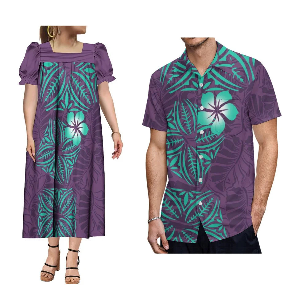 Polynesian Islands Hd Print Fashion Wear Mumu Women'S Square Neck Puffy Sleeve Dress With Summer Men'S Aloha Shirt