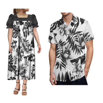 Polynesian Islands Hd Print Fashion Wear Mumu Women'S Square Neck Puffy Sleeve Dress With Summer Men'S Aloha Shirt