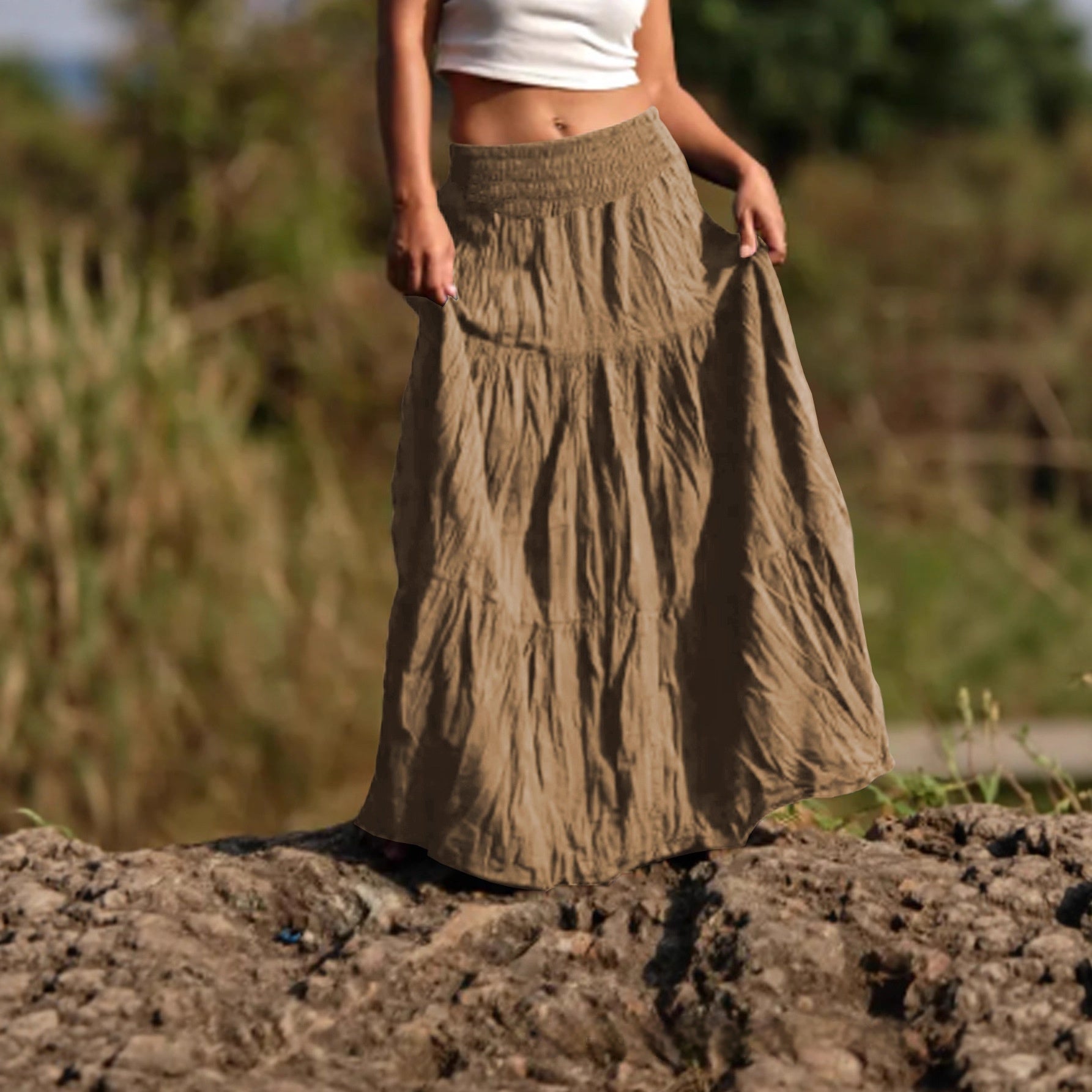 Women's Waist Smocking Mid-length Retro Daily Skirt