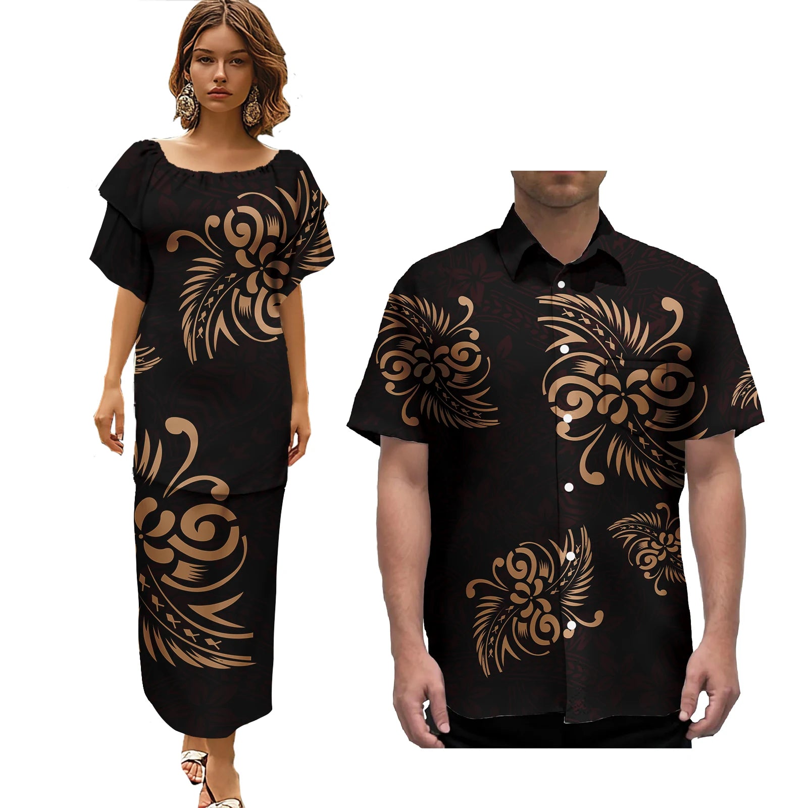 Pacific Island Wedding Party Couple Sets Polynesian Tribal Fijian Print Couple Matching Clothes Women Dress Men Aloha Shirts
