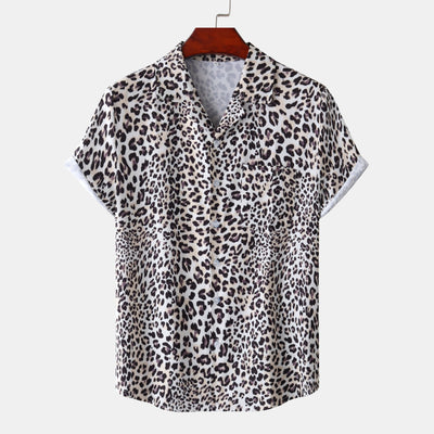 Summer New Hawaii Beach Cuban Collar Ice Silk Digital Printing Leopard Print Short Sleeve Flower Shirt