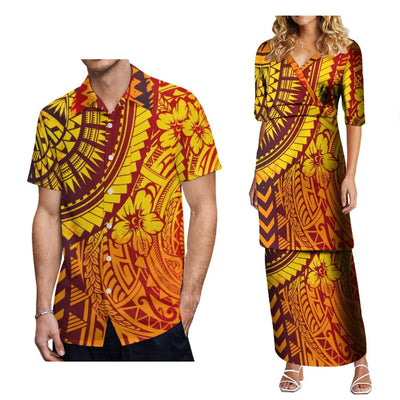 2024 Women'S High-Waisted Dress Puletasi Top And Maxi Pacific Island Holiday Party Outfit Matching Hawaiian Men'S Aloha Shirt