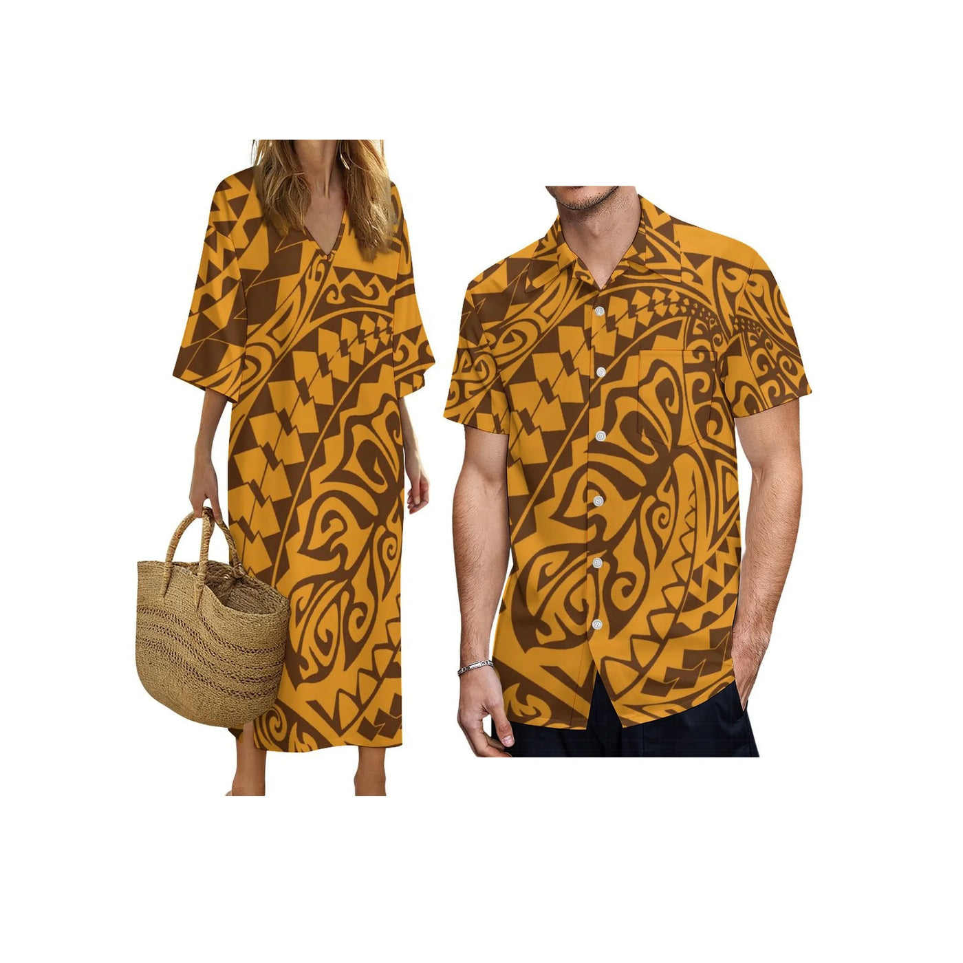 New Print on Demand Custom Polynesian Island Design V Neck Ladies Dress Matching Aloha Men Short Sleeve Shirts Couple Clothing