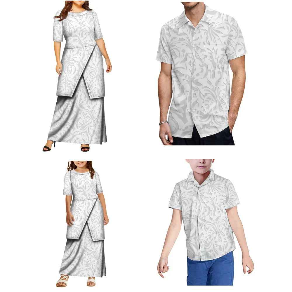 Summer Women And Girls' Round-Neck Puletasi Dress Polynesian Island Samoan Design Beach Party Men'S Aloha Shirt Family Set