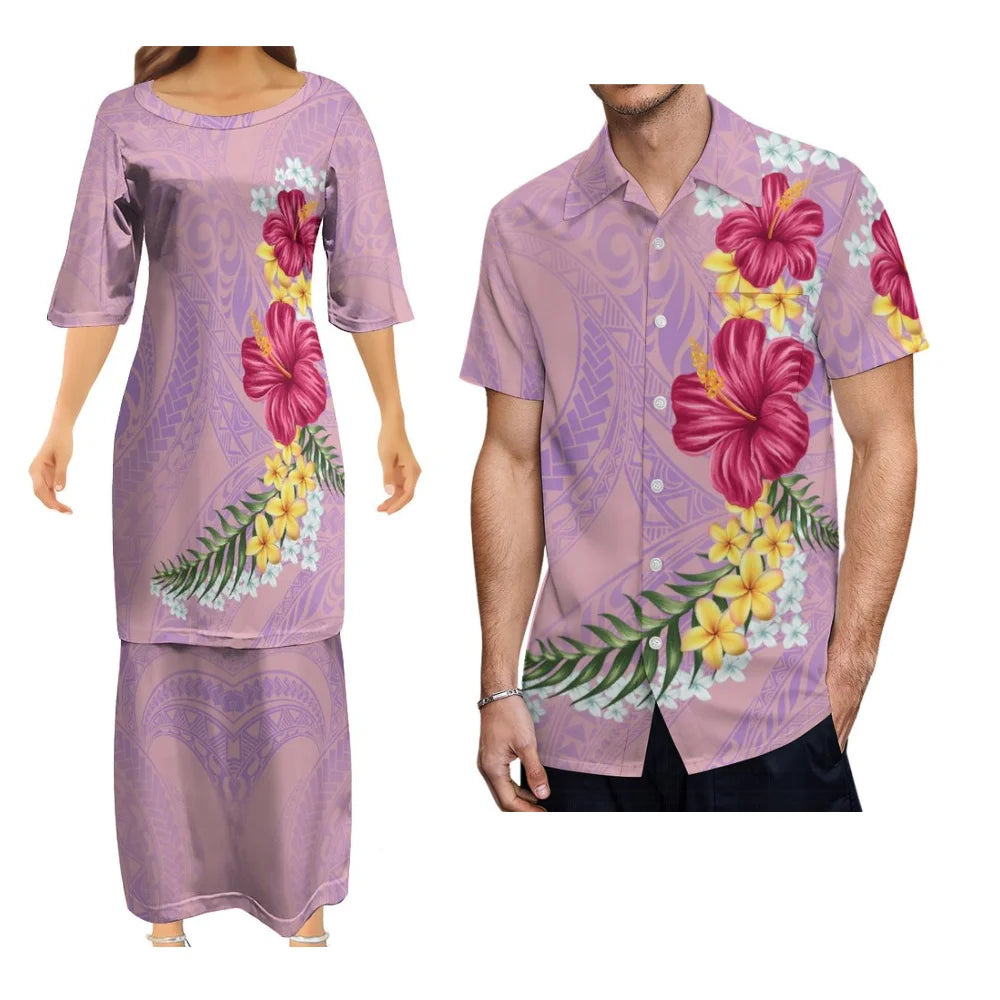 Fashion Island Couple Outfit Puletasi Set Hawaiian Floral Print Women'S Dress Polynesian Pop Samoa Logo Custom Men'S Aloha Shirt