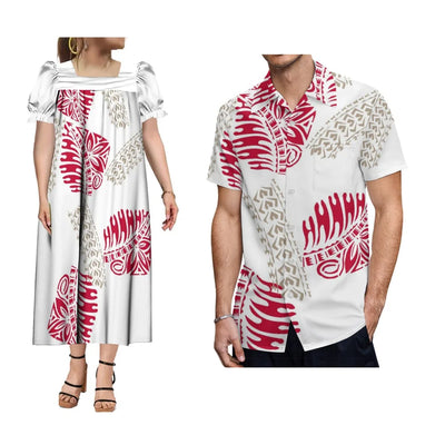 Polynesian Islands Hd Print Fashion Wear Mumu Women'S Square Neck Puffy Sleeve Dress With Summer Men'S Aloha Shirt
