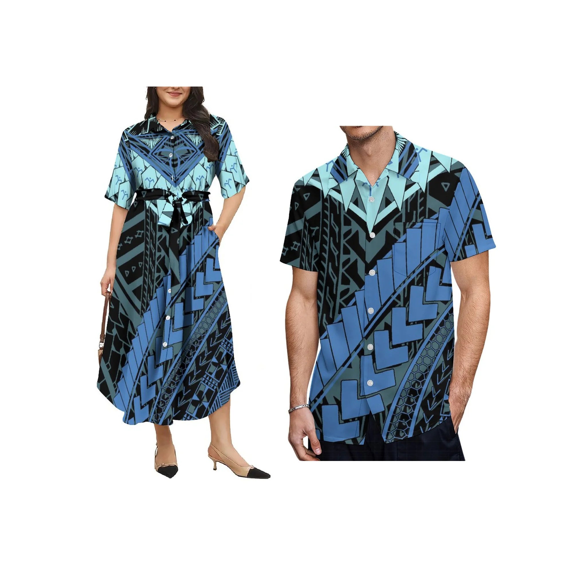 New Polynesian Island Design Custom Plus Size Aloha Men Casual Shirt Match Button Shirts Women Lace up Dress Couple Clothes