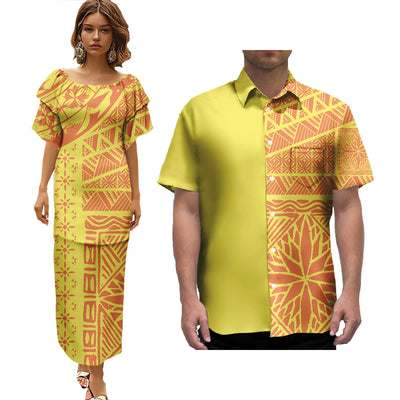 Hot Selling Pacific Island Art Trendy Lady Puletasi Dresses and Men Aloha Shirt Polynesian Tribal Couple Suit