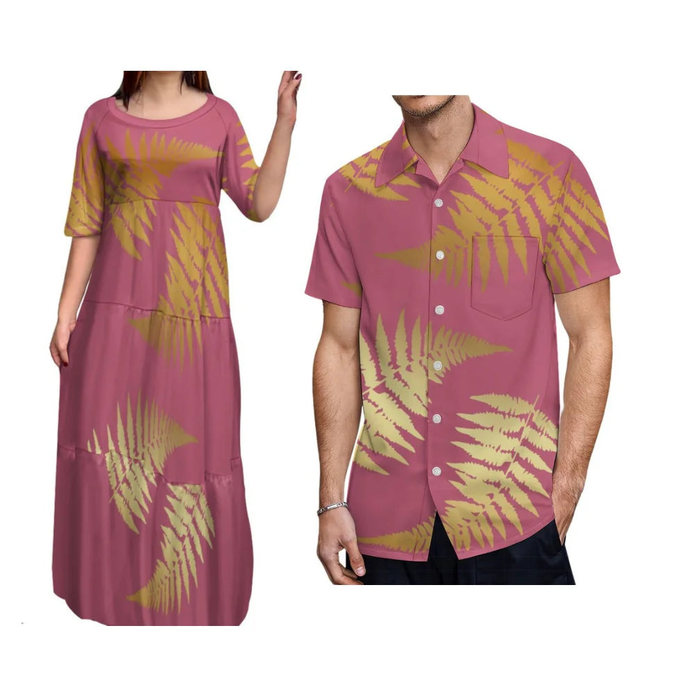 Island-Style Couple Set Elegant Women'S Crew-Neck Tiered Dress Full Skirt With Men'S Aloha Shirt Polynesian Island Design