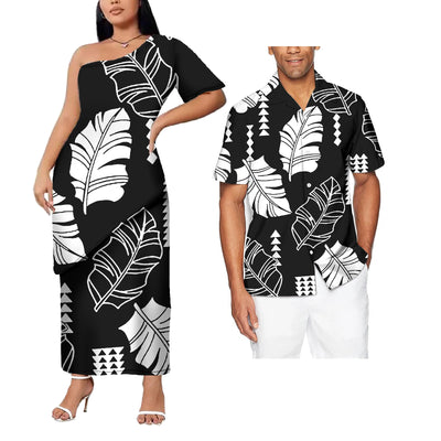 Plus Size Custom Couple Of Set Puletasi Samoa 2Pcs Dress And Hawaii Men's Aloha Shirts Polynesian Island His And Hers Clothes