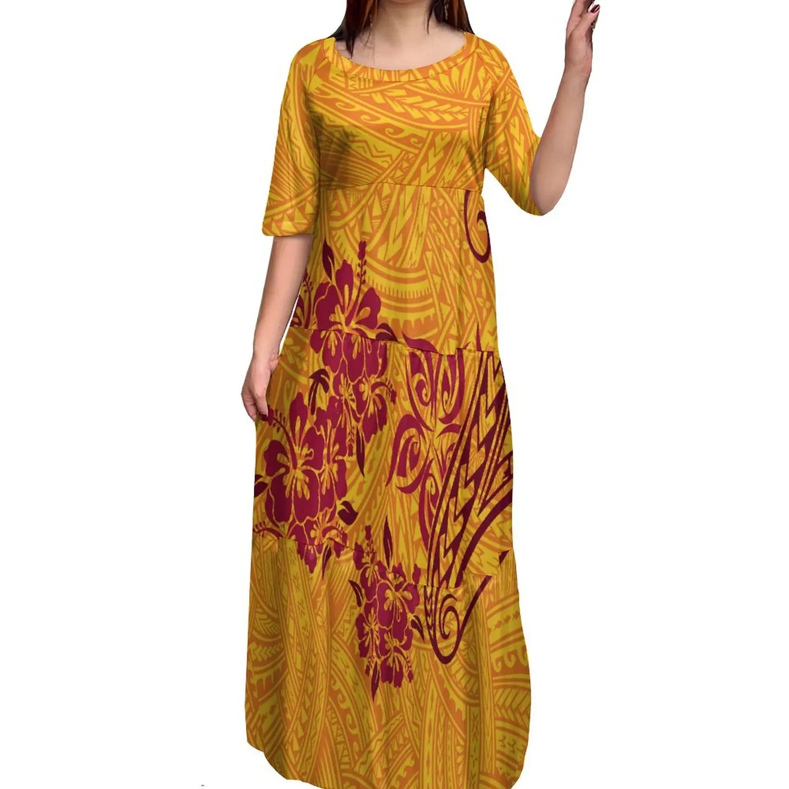 Island-Style Couple Set Elegant Women'S Crew-Neck Tiered Dress Full Skirt With Men'S Aloha Shirt Polynesian Island Design