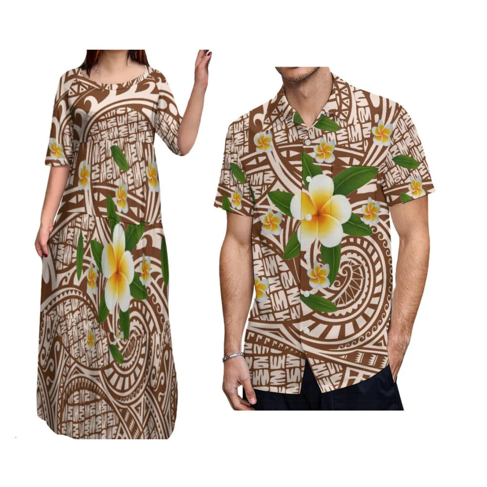 Island-Style Couple Set Elegant Women'S Crew-Neck Tiered Dress Full Skirt With Men'S Aloha Shirt Polynesian Island Design