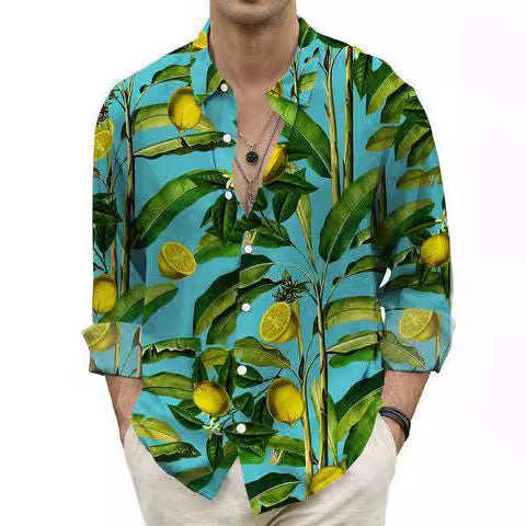 Men's Fashion Casual Digital Printing Beach Hawaii Vacation Long Sleeve Shirt