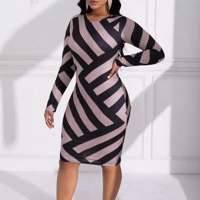Plus Size Striped Commuter Sheath Round Neck Design Sense Dress