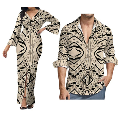 Custom Polynesian Island Style Samoa-Fiji Plus Size Couple Set Women'S Dress Beach Party Split Skirt And Men'S Aloha Shirt