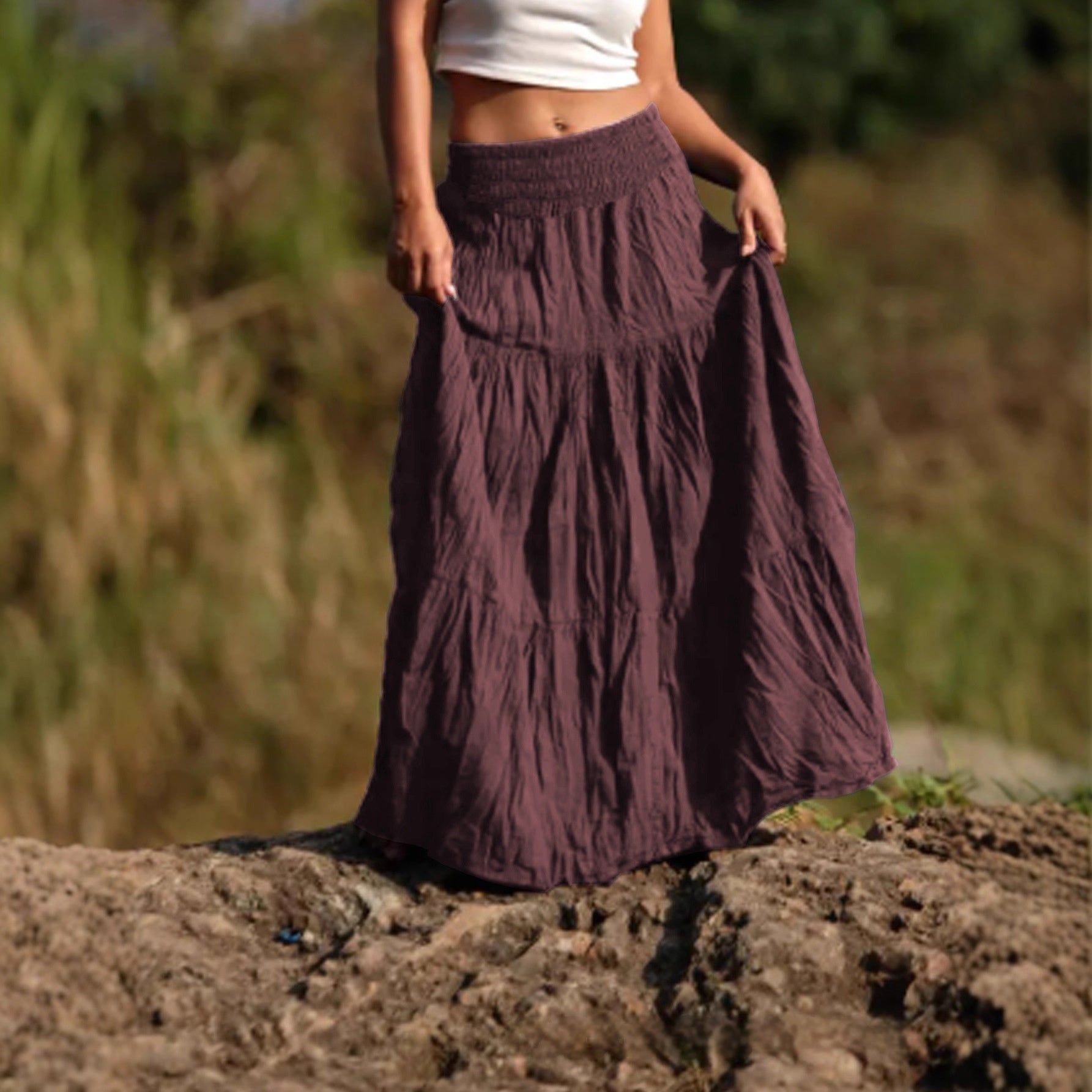 Women's Waist Smocking Mid-length Retro Daily Skirt